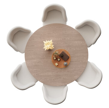 A round dining table surrounded by five chairs. A small centerpiece is placed on the table. The setting is isolated on a clear background for design