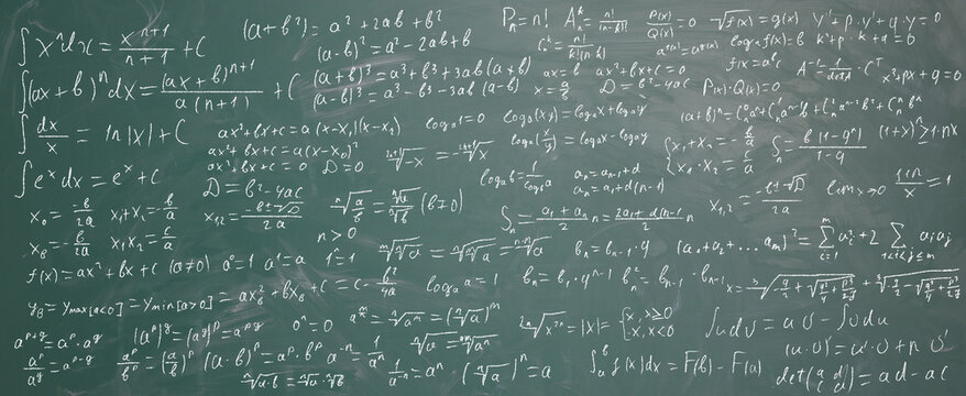 Chalkboard with mathematical equations as background, banner design
