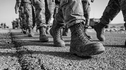Fototapeta premium Military personnel marching in boots wearing camouflage uniform on parade