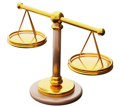 Scales of justice are shown in 3D render. They are balanced and isolated on a clear background. The design is simple and straightforward