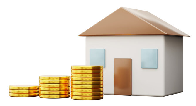 A 3D render shows a simple house next to several stacks of gold coins on a clear background. The house has a brown roof and blue windows. The scene