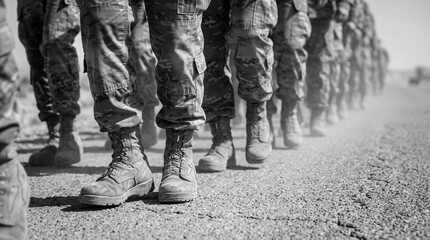 Fototapeta premium Military personnel marching in boots wearing camouflage uniform on parade