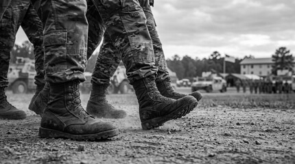 Fototapeta premium Military personnel marching in boots wearing camouflage uniform on parade
