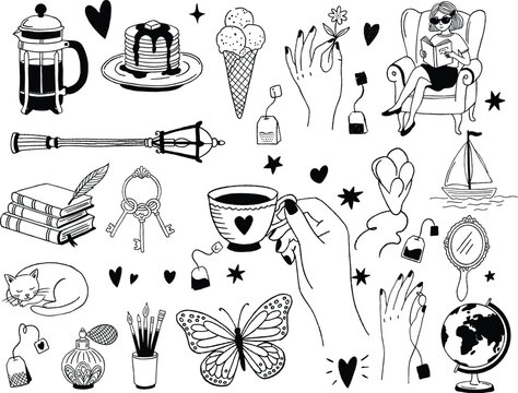 Cozy Life Aesthetic Line Art Clipart Set - Vintage Hand Drawn Doodles including Coffee, Tea Cup, Books, Cat, and Butterfly Vector Illustration