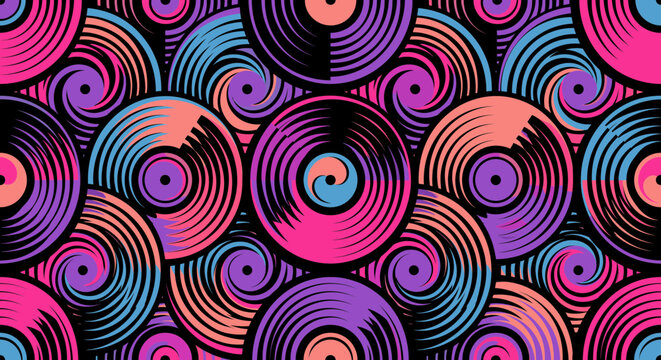 Retro Vinyl Records Pattern Colorful Disco Music Pop Art Design Seamless Musical Theme Aesthetic