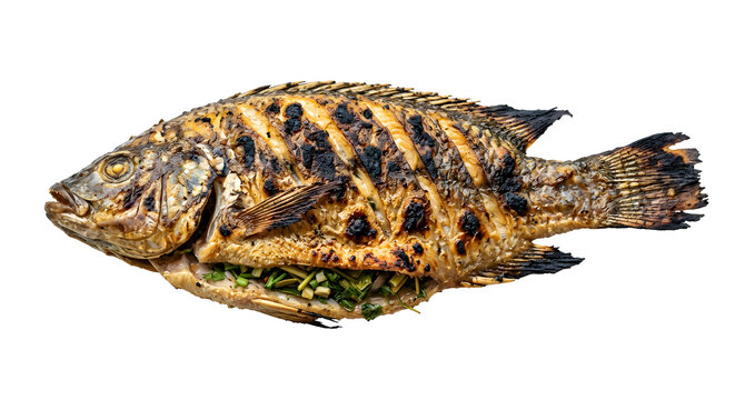 Lao ping pa whole grilled river fish with diagonal scoring across skin Isolated on White Background