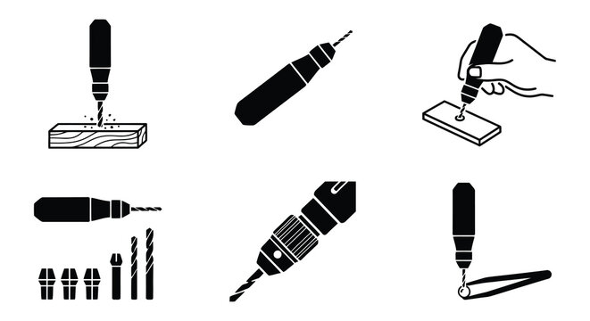 Six black silhouette illustrations depict hand held power drill actions and applications