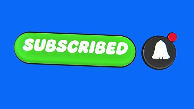 3d animated subscribe button with notification bell, blue screen background