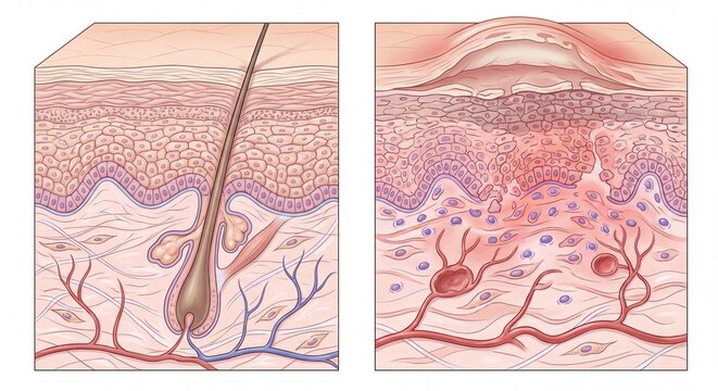 Cross section illustration of human skin with hair follicle