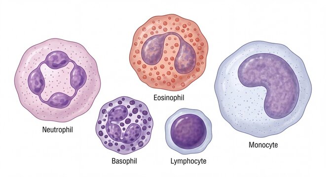 Medical illustration showing different types of white blood cells