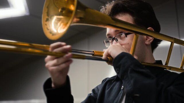 Caucasian young adult man playing brass trombone indoors with camera zooming in. Clip fits music education campaigns, urban culture storytelling, or creative performing arts advertising
