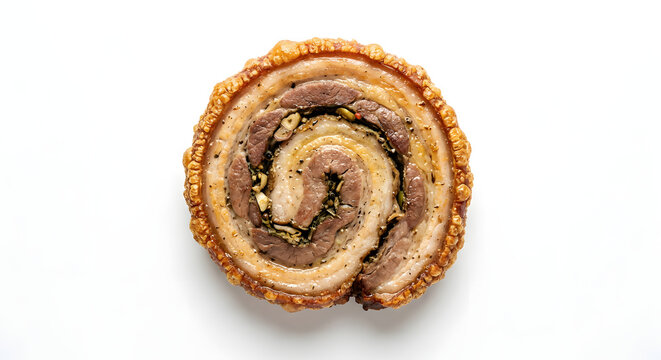 Cebu-style lechon belly roll slice with dramatic spiral cross-section Isolated on White Background