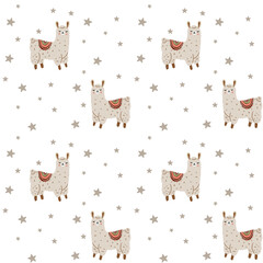 Fototapeta premium Seamless pattern with nice llama or alpaca with stars
