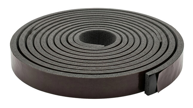 Coiled black foam rubber strip for insulation and sealing