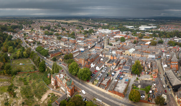 Aerial view above Pontefract townscape skyline in West Yorkshire, UK