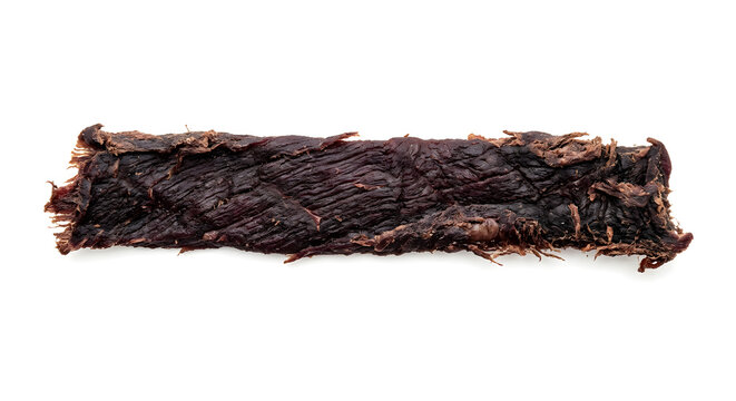 Mongolian borts dried meat strip with long narrow dark burgundy-brown Isolated on White Background