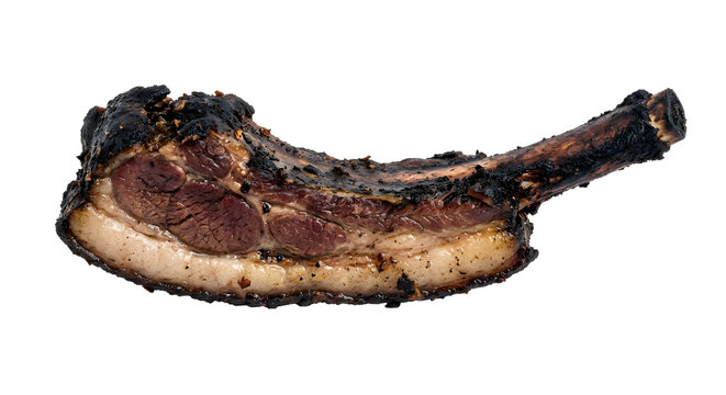 Assamese smoked pork rib with long bone-in form, dark dry-smoked exter Isolated on White Background