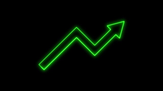 Glowing green neon upward zigzag arrow animation on black background for growth, profit and success concepts