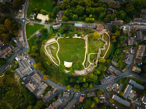 Aerial view directly above the medieval architecture of Pontefract Castle in West Yorkshire, UK