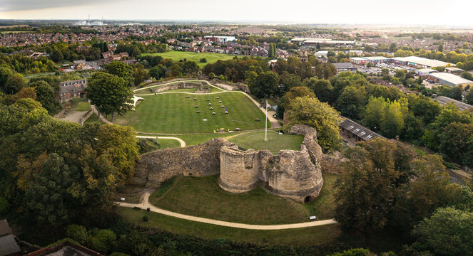 Aerial view above the medieval architecture of Pontefract Castle in West Yorkshire, UK