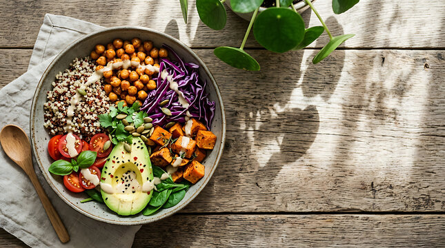 Nourish bowl containing avocado, roasted chickpeas, sweet potatoes, and purple cabbage sits on a dark rustic table.