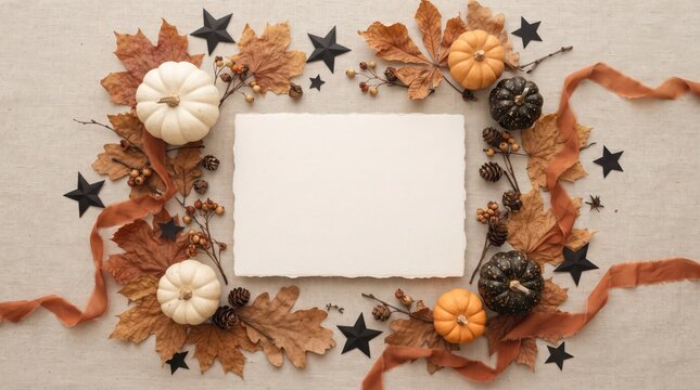 Autumn flat lay composition with blank card