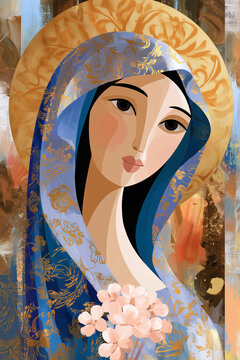 Immaculate Conception of the Virgin Mary in Blue and Gold Religious Art. religious artwork depicting the Virgin Mary with a blue and gold floral veil, luminous halo. Christian sacred art. Christian pu