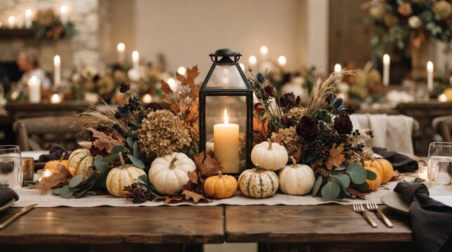 Rustic fall wedding table centerpiece with pumpkins and lantern