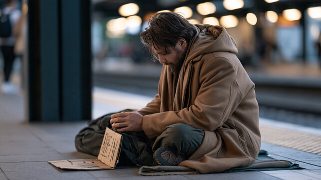 begging and poverty concept background showing an adult sitting near a public transportation station with a small sign requesting assistance, homelessness, poverty, financial