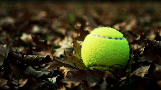Green tennis ball rests among fallen leaves, blending sport with nature in a dreamy surreal scene