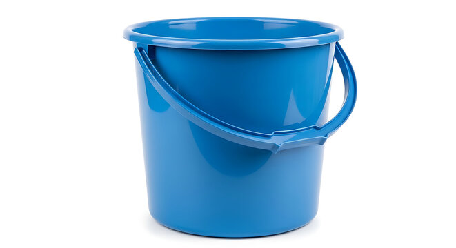 A single empty blue plastic bucket with a handle isolated on a white background