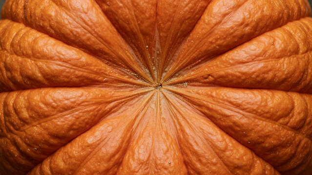 Ribbed orange pumpkin skin with radiating ridges, top view