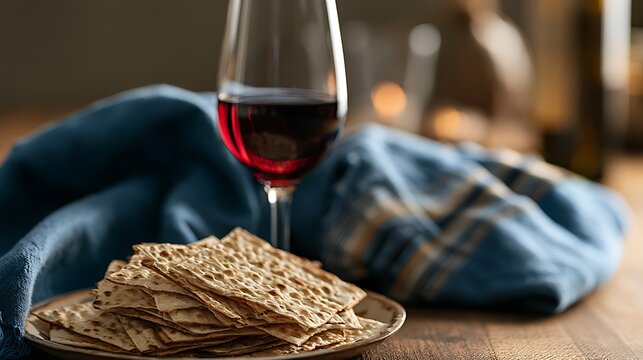 Passover matzo with glass of red wine and blue fabric, symbolizing Jewish tradition, freedom, Pesach celebration, heritage, faith, and spiritual renewal.