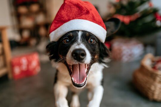 Excited dog in Santa hat running toward camera at home, symbolizing pure holiday joy, Christmas cheer, playful energy, warm family moments, and unconditional love.