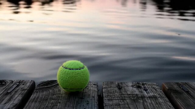 Green tennis ball on a wooden dock by calm water at sunset, peaceful outdoor evening scene