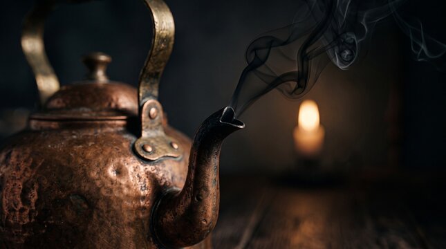 Smoke rising from a copper kettle in dark candlelight evokes Halloween atmosphere. Spooky tea ritual suggests mystery, home warmth, and seasonal celebration.  