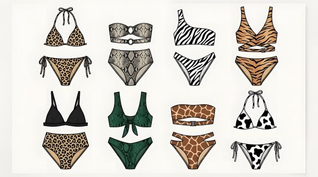 Animal Print Swimwear and Bikini Fashion Flat Sketch Vector Set