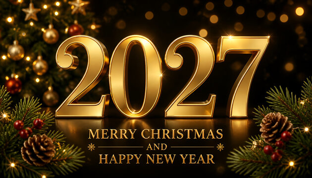 A luxurious merry christmas and happy new year 2027 greeting card with golden glitter isolated on black background,merry christmas and new year 2027 ai generated design. See Less