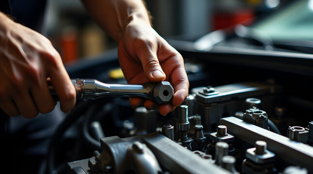 Young technician adjusting torque on high performance V6 engine in automotive tuning workshop