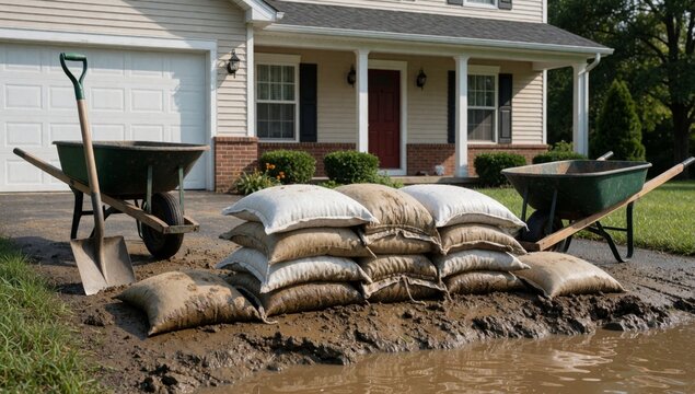 Large pile sandbags front house arranged neat stacked top each other there wheelbarrows either side shovel whe