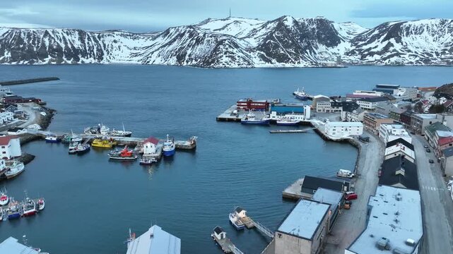 Drone aerial view of Honningsvag city coastline and harbor in Northern Norway