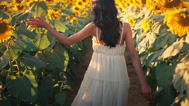 Rear view of young Asian woman walking through blooming sunflower field at golden sunset, gently touching yellow flowers while enjoying peaceful nature, summer countryside travel, freedom