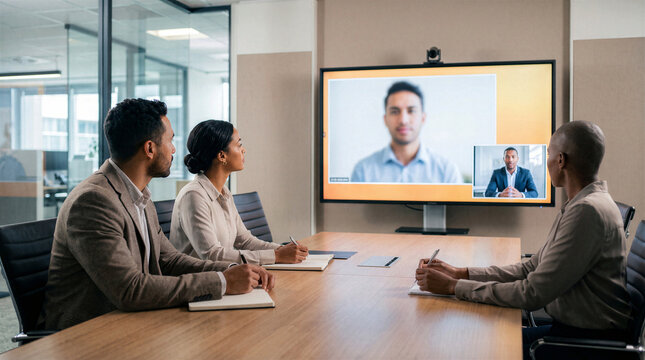 Diverse interview panel conducting hybrid job interview with remote candidates in modern office meeting room