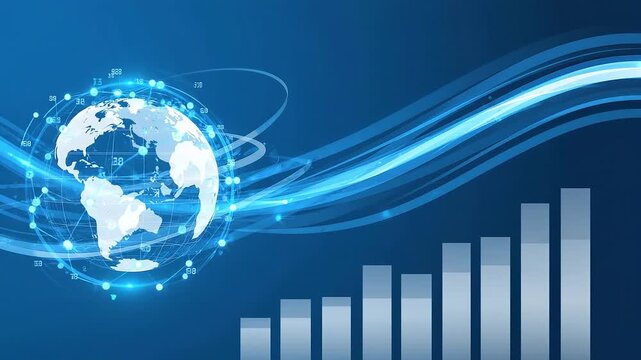 Global network graph with financial growth bars during digital data flow
