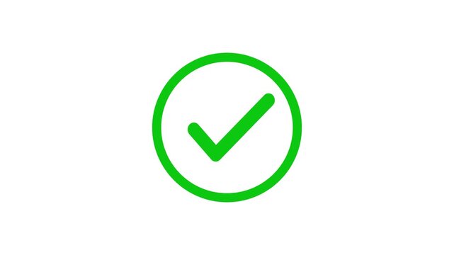 Green check mark animation, success and approval symbol on white background, tick confirm