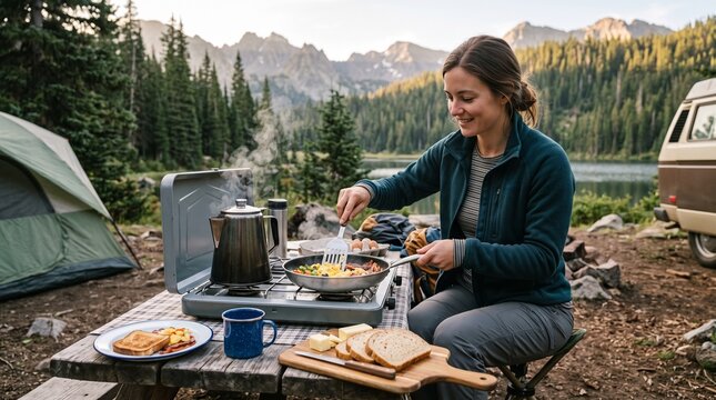 Woman cooking breakfast outdoors at a campsite with mountains and lake in the background