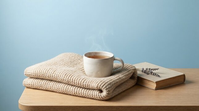 Cozy autumn composition with a warm knitted sweater, a hot cup of tea or coffee, and a book on a wooden table against a blue wall