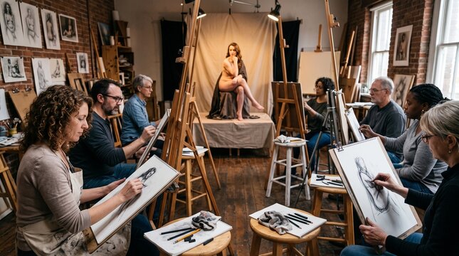 Art students drawing a live nude model in a studio class with easels and sketches on brick walls