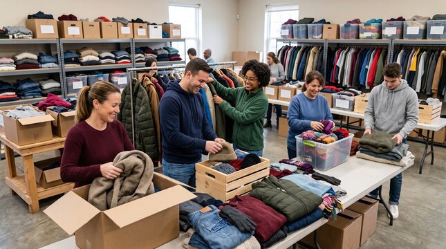 Volunteers sorting and organizing donated winter clothing for charity distribution