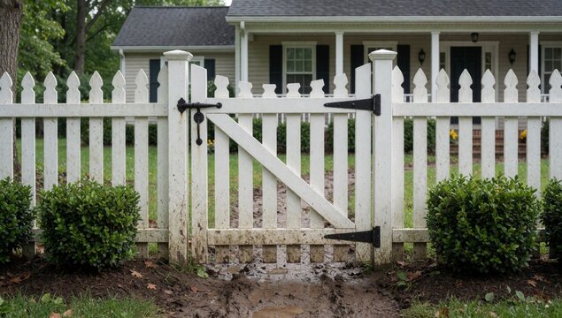 White picket fence front house made wood has slatted top gate center closed black hinges either side there bus